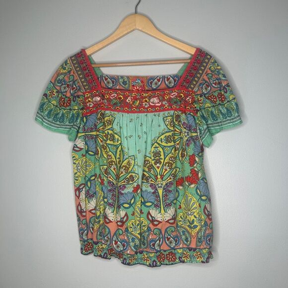 Johnny Was Tops - Johnny Was Boho Paisley Floral Embroidered Square Neck Blouse Top Size Large